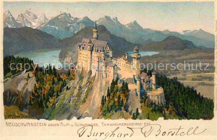 Fuessen Allgaeu Neuschwanstein Thanheimergebirge Kuenstlerkarte M. Zeno Diemer