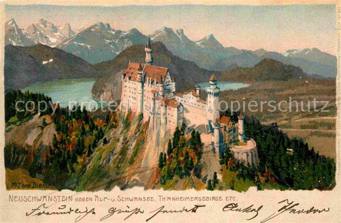 Fuessen Allgaeu Neuschwanstein Thanheimergebirge Kuenstlerkarte M. Zeno Diemer