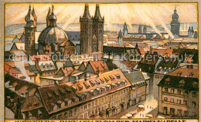 WueRZBURG Bayern Blick vom Turm Marienkapelle Orig.-Steinzeichnungen v. Wilh. Gr