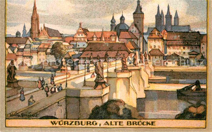 WueRZBURG Bayern Alte Bruecke Orig. Steinzeichnungen v. Wilh. Greiner