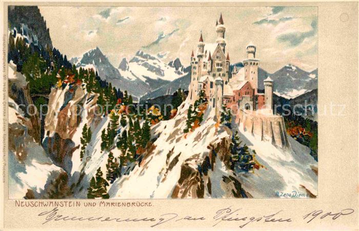 Fuessen Allgaeu Neuschwanstein Marienbruecke Kuenstlerkarte M. Zeno Diemer