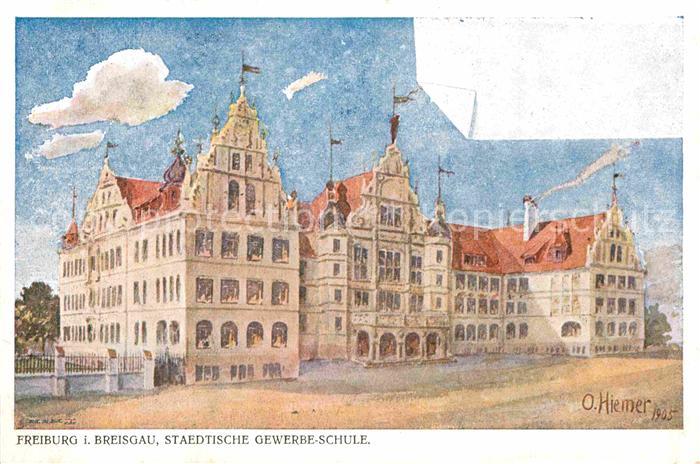 Freiburg Breisgau Staedtische Gewerbeschule Kuenstlerkarte O. Hiemer