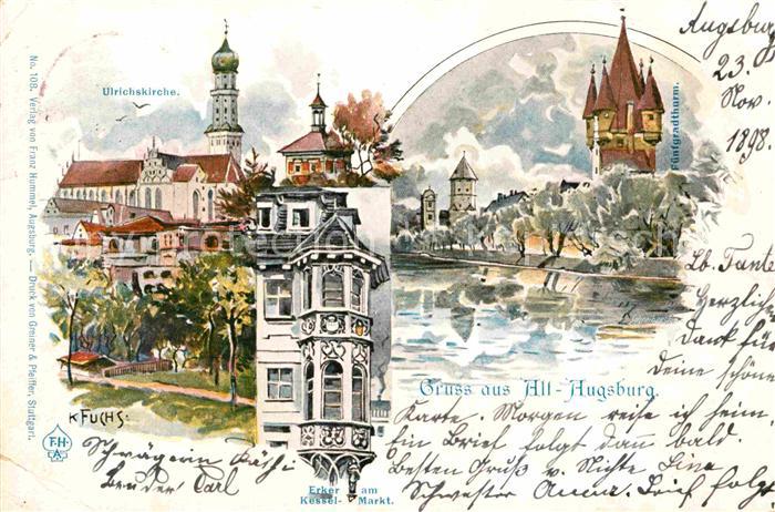 Augsburg Fuefgradturm Ulrichskirche Kuenstlerkarte K. Fuchs