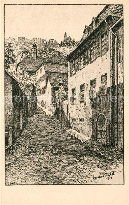 Lindenfels Odenwald Aufgang zur Burgruine Zeichnung Karl Winkel