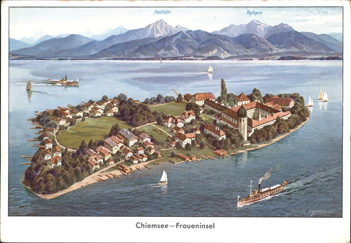 Chiemsee Bayern Fraueninsel Schiff Fliegeraufnahme Kuenstler F Bernhard