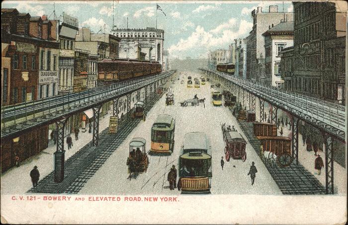 New York City Bowery and Elevated Road Strassenbahn Pferdewagen Hochbahn