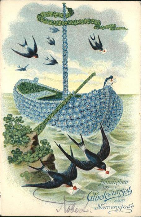Namenstag Namenskarte Schwalben Briefe Boot Kleeblätter