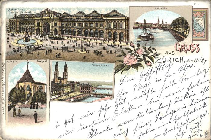 Zuerich Uto Quai Grossmuenster Zwingli Denkmal Bahnhof  Escher Denkmal