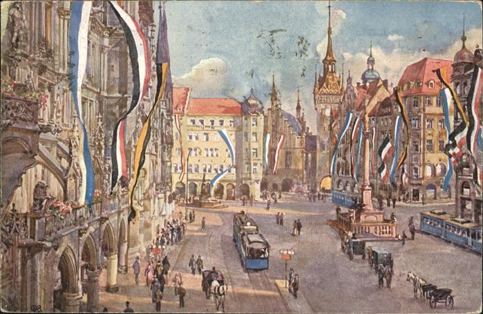 Muenchen Bayern Kuenstlerkarte Marienplatz Flaggenschmuck