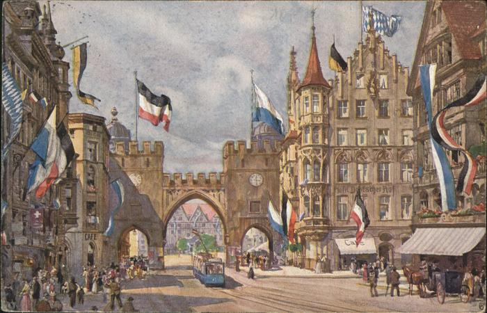 Muenchen Flaggenschmuck Künstlerkarte Karlstor