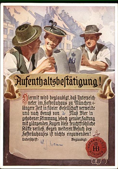 Hofbraeuhaus Muenchen Bier Nr 4005 Aufentaltsbestätigung