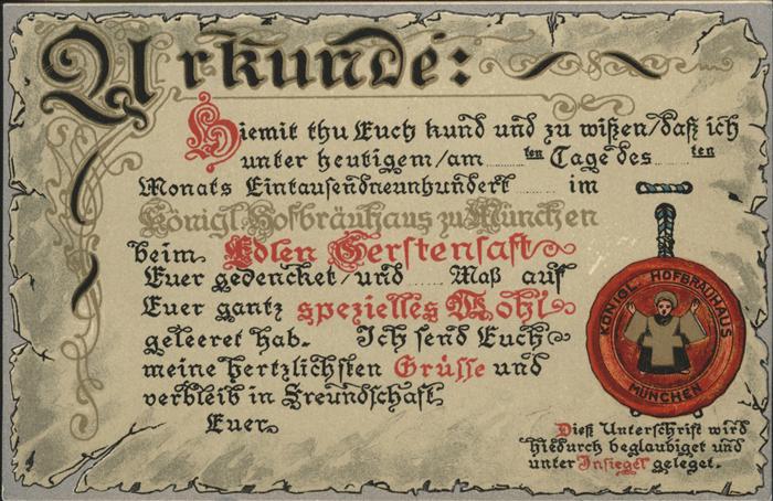 Hofbraeuhaus Muenchen Bier Urkunde