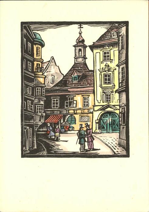 WIEN AT Altwiener Gasse Originalholzschnitt Rose Reinhold