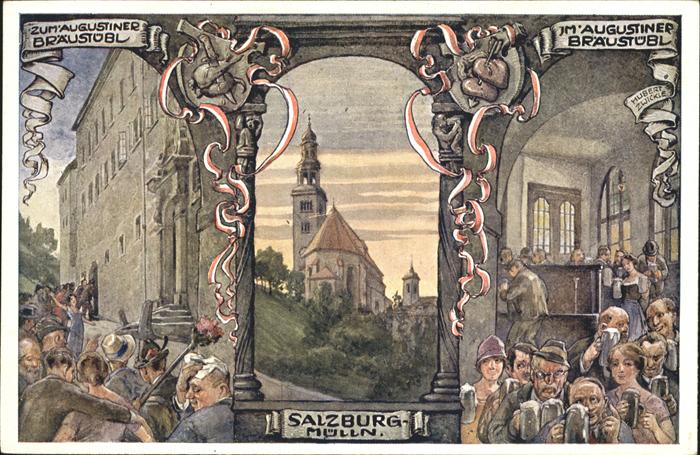 SALZBURG  AT Augustiner Braeustuebl in Muelln Kirche Kuenstlerkarte