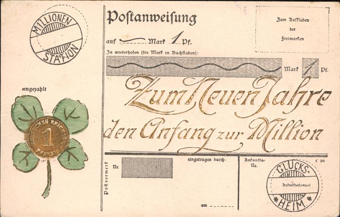 Muenze auf Ak Kleeblatt Postanweisung Neujahr