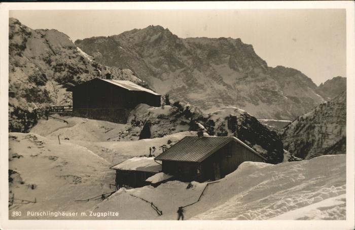 GARMISCH-PARTENKIRCHEN Bayern Puerschlinghaeuser mit Zugspitze Berghuetten Wette