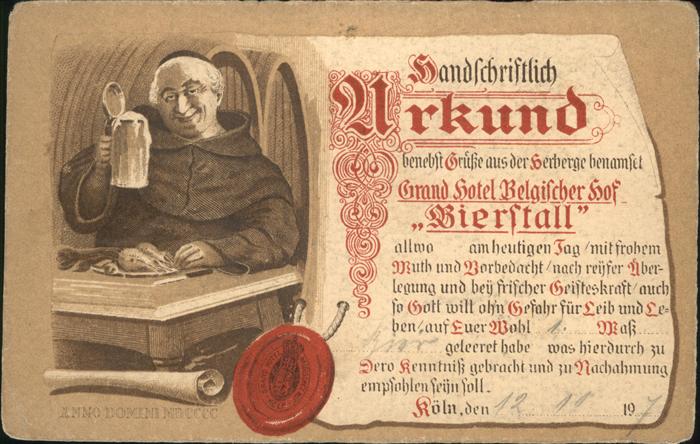 Koeln Urkunde Grand Hotel Belgischer Hof Bier