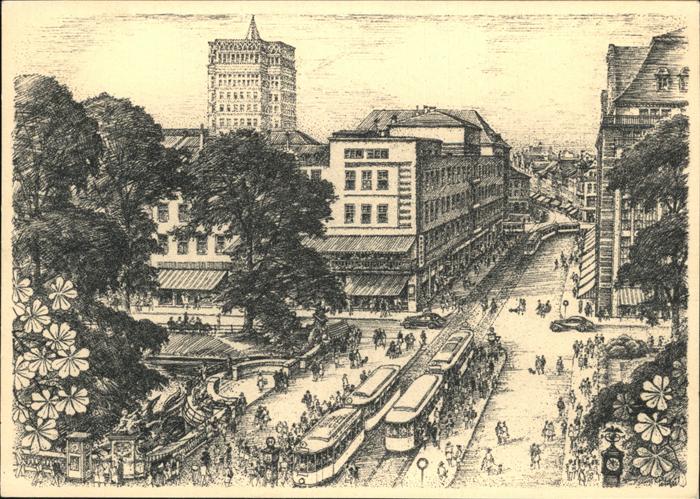 DuessELDORF  CITY Corneliusplatz Strassenbhan Autos Zeichnung
