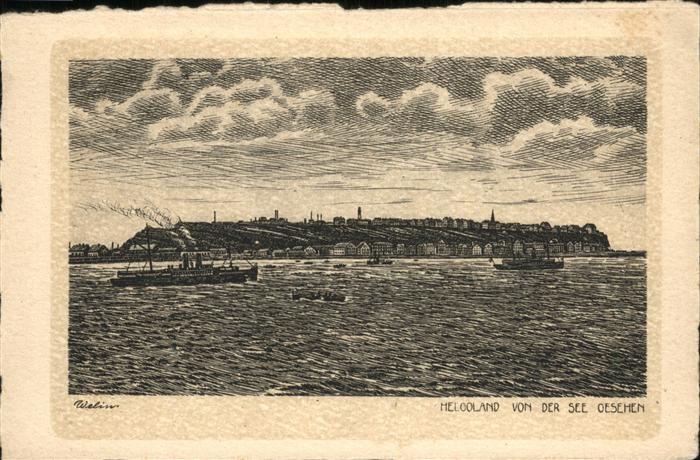 HELGOLAND Insel Schleswig-Holstein Von See aus Schiffe Zeichnung Oberland Unterl
