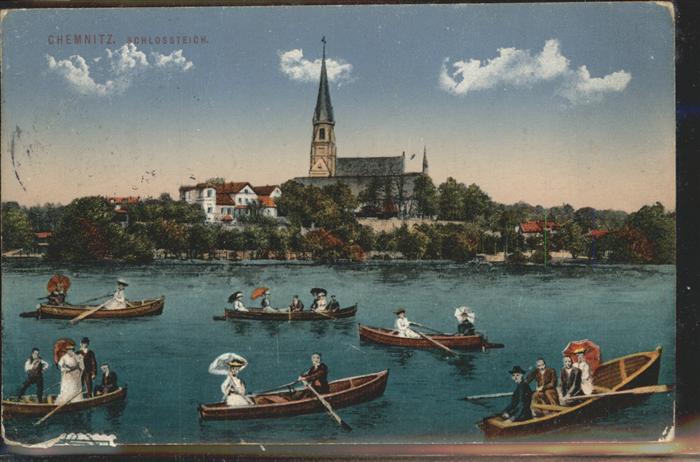 CHEMNITZ Sachsen Schlossteich mit Schlosskirche Ruderboote Kuenstlerkarte