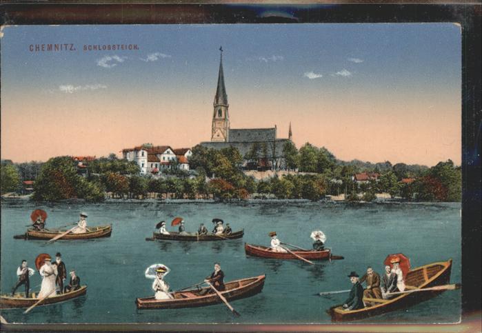 CHEMNITZ Sachsen Ruderpartie auf dem Schlossteich Schlosskirche Kuenstlerkarte