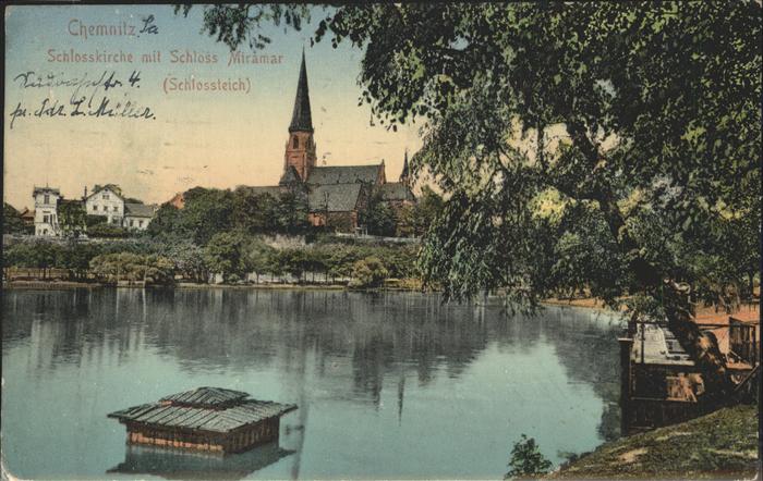 CHEMNITZ Sachsen Schlosskirche mit Schloss Miramar Schlossteich Kuenstlerkarte