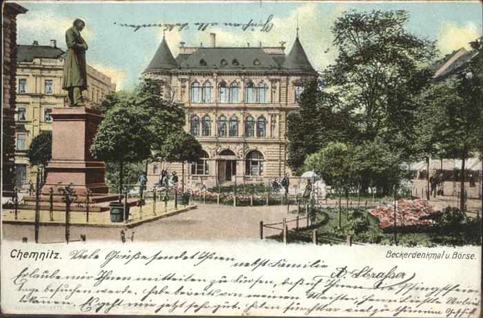 Chemnitz Beckerdenkmal und Börse Künstlerkarte
