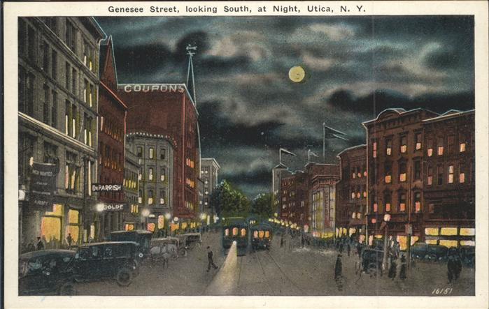 Utica New York Genesee Street at Night Moon Autos Strassenbahn