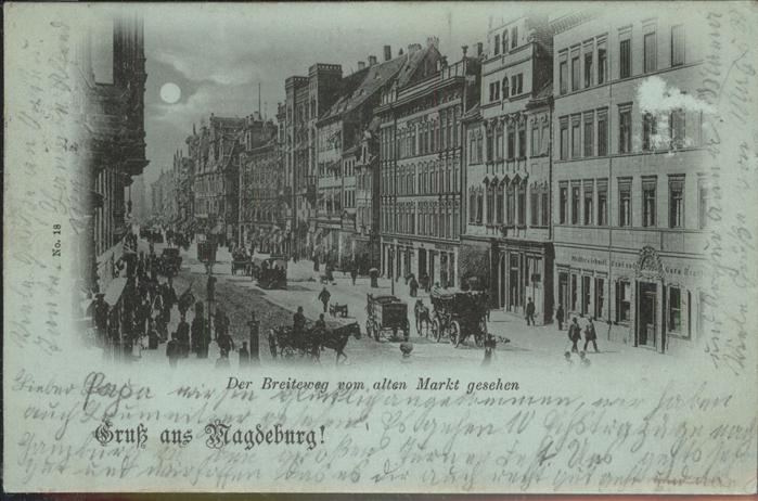 MAGDEBURG  CITY Breite Weg vom Alten Markt bei Nacht Monde Pferdewagen