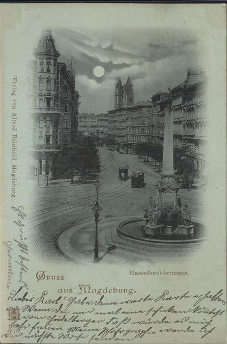 MAGDEBURG  CITY Hasselbachbrunnen Strassenbahn bei Nacht Mond