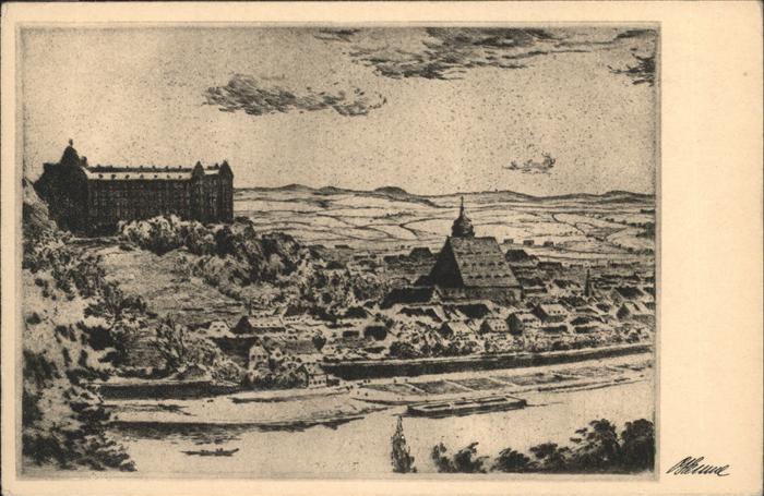 Pirna Elbe Sachsen Sonnenstein nach Radierung von Artur Henne