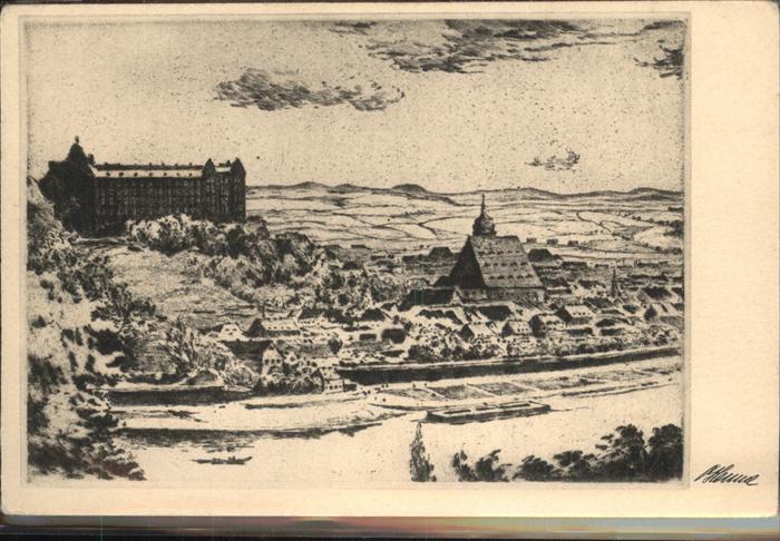 Pirna Elbe Sachsen Sonnenstein nach Radierung von Artur Henne