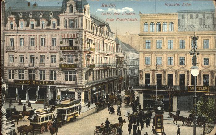 BERLIN CITY Unter den Linden Ecke Friedrichstrasse Strassenbahn Pferdwagen