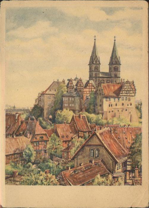 Quedlinburg Harz Schloss Dom Muenzenberg Kuenstlerkarte Tempera M. Schewe