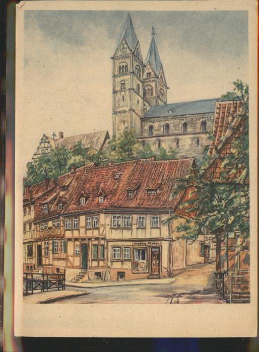 Quedlinburg Harz Schlossblick Kuenstlerkarte Tempera M. Schewe