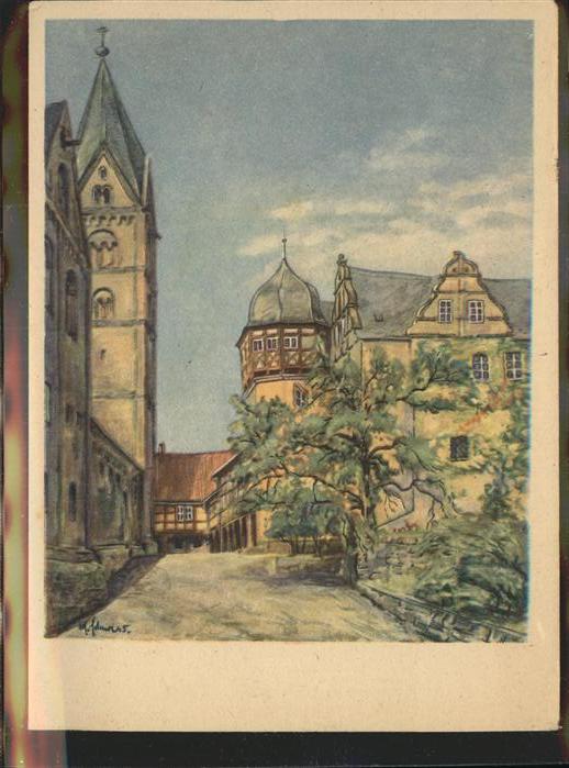 Quedlinburg Harz Schloss Dom Kuenstlerkarte Tempera M. Schewe