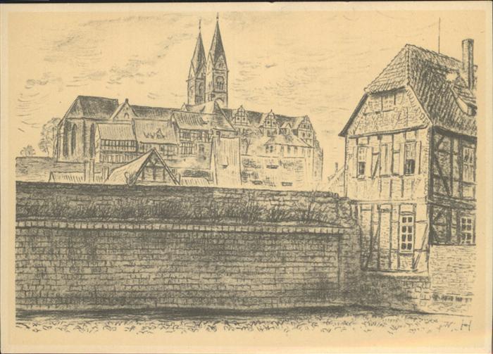 Quedlinburg Harz Alte Stadtmauer Schloss Kuenstlerkarte nach K. Hedlof