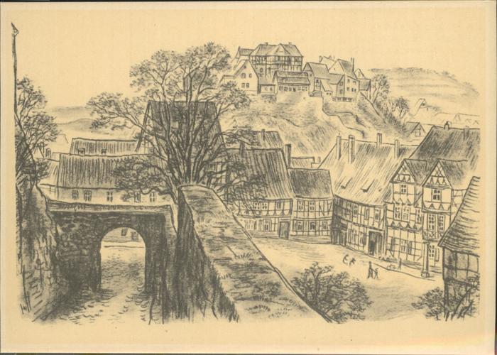 Quedlinburg Harz Schlossaufgang Muenzenberg Kuenstlerkarte nach K. Hedloff