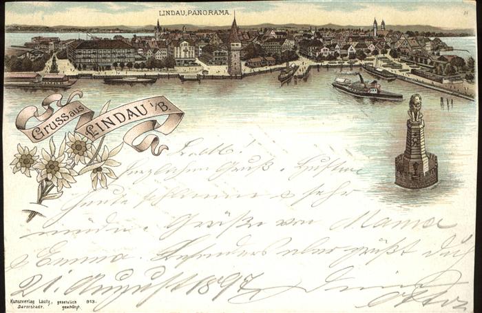 Lindau Bodensee Seepanorame Schiffe Künstlerkarte