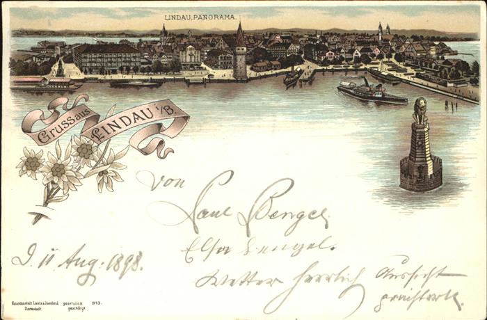 Lindau Bodensee Panorama vom See aus Künstlerkarte