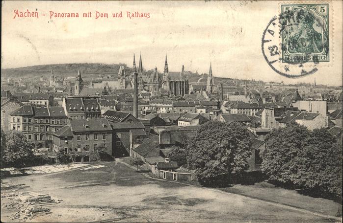 AACHEN NRW Panorama mit Dom und Rathaus Stempel auf AK