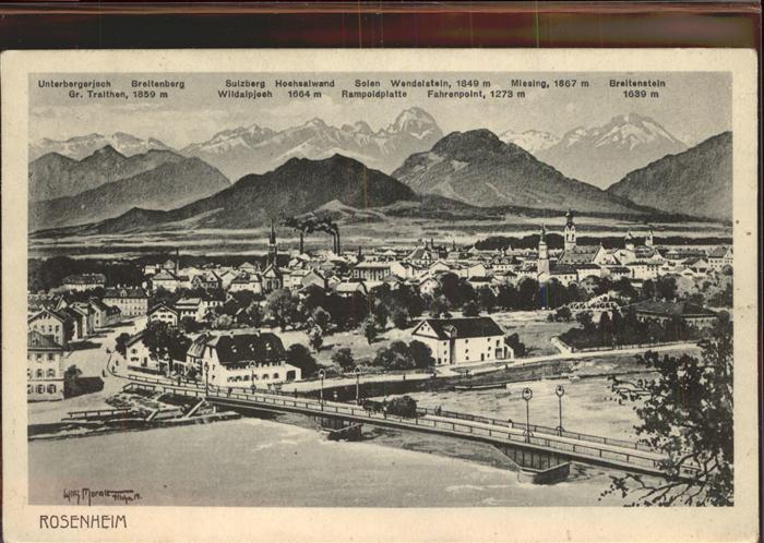Rosenheim Bayern Panorama mit Alpenblick Inn Brücke Feld