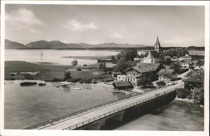 Seebruck Chiemsee Ortsansicht mit Kirche Brücke