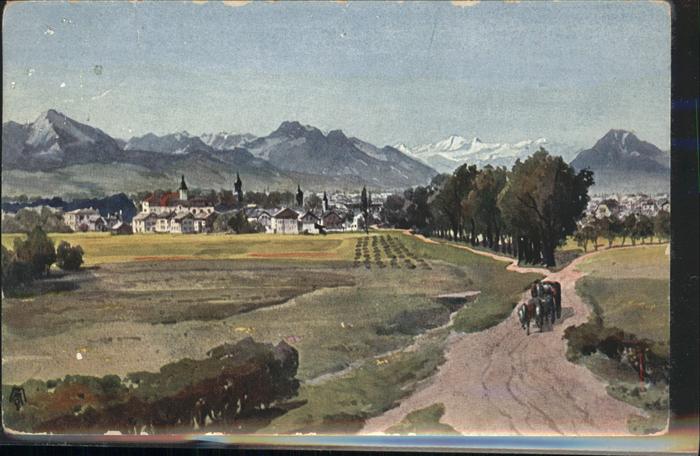 Rosenheim Bayern Panorama mit Alpenblick Pferdekutsche K
