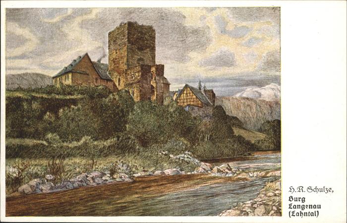 Lahntal Burg Langenau Künstlerkarte H. R. Schul