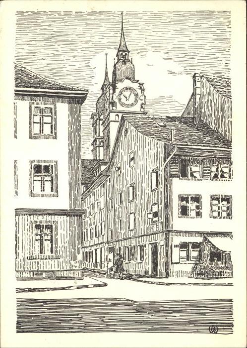 Winterthur Pfarrgasse und Stadtkirche Zeichnung