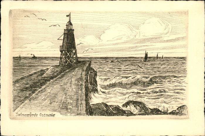 Swinemuende Ostseebad Westpommern Ostmole Brandung Künstlerkarte