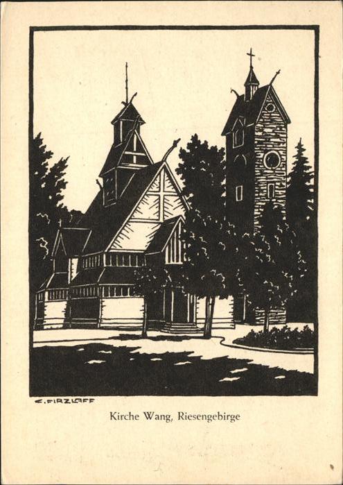 Krummhuebel Riesengebirge Kirche Wang Linolschnitt K. Firzlaff