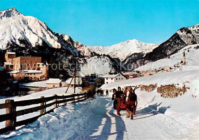Nauders Tirol Ortspartie mit Pferdeschlitten