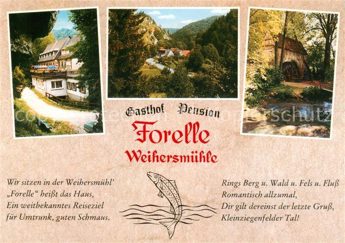 Weihersmuehle Weismain Gasthof Pension Forelle Rings Berg Wald Fels und Fluss